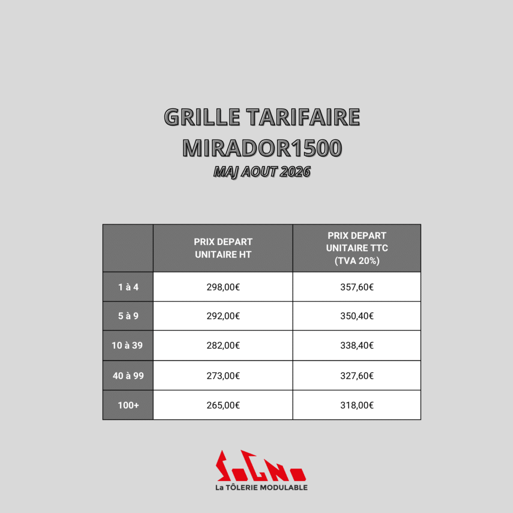 Grille tarifaire Sogno présentant les différents modèles de miradors de battue, avec leurs caractéristiques et tarifs.
