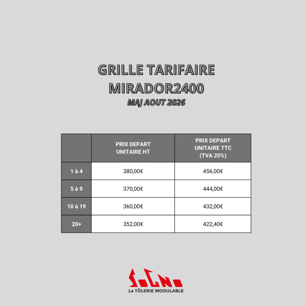 Grille tarifaire Sogno présentant les différents modèles de miradors d'affut, avec leurs caractéristiques et tarifs.